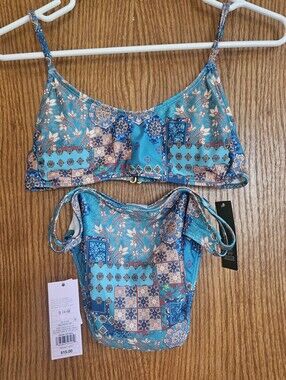 Women's Blue Patchwork Print Bikini Top and Bottom Set Size Small Wild Fable Nwt